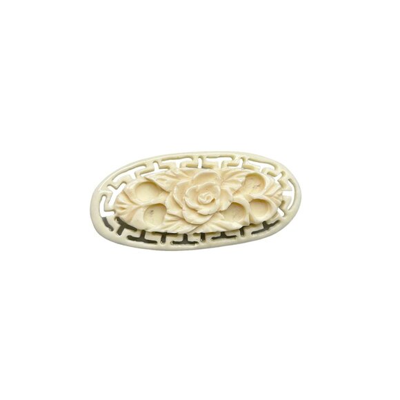 Vintage Carved Celluloid Ivory White Floral Brooch Pin Intricate Rose Design - Picture 1 of 6